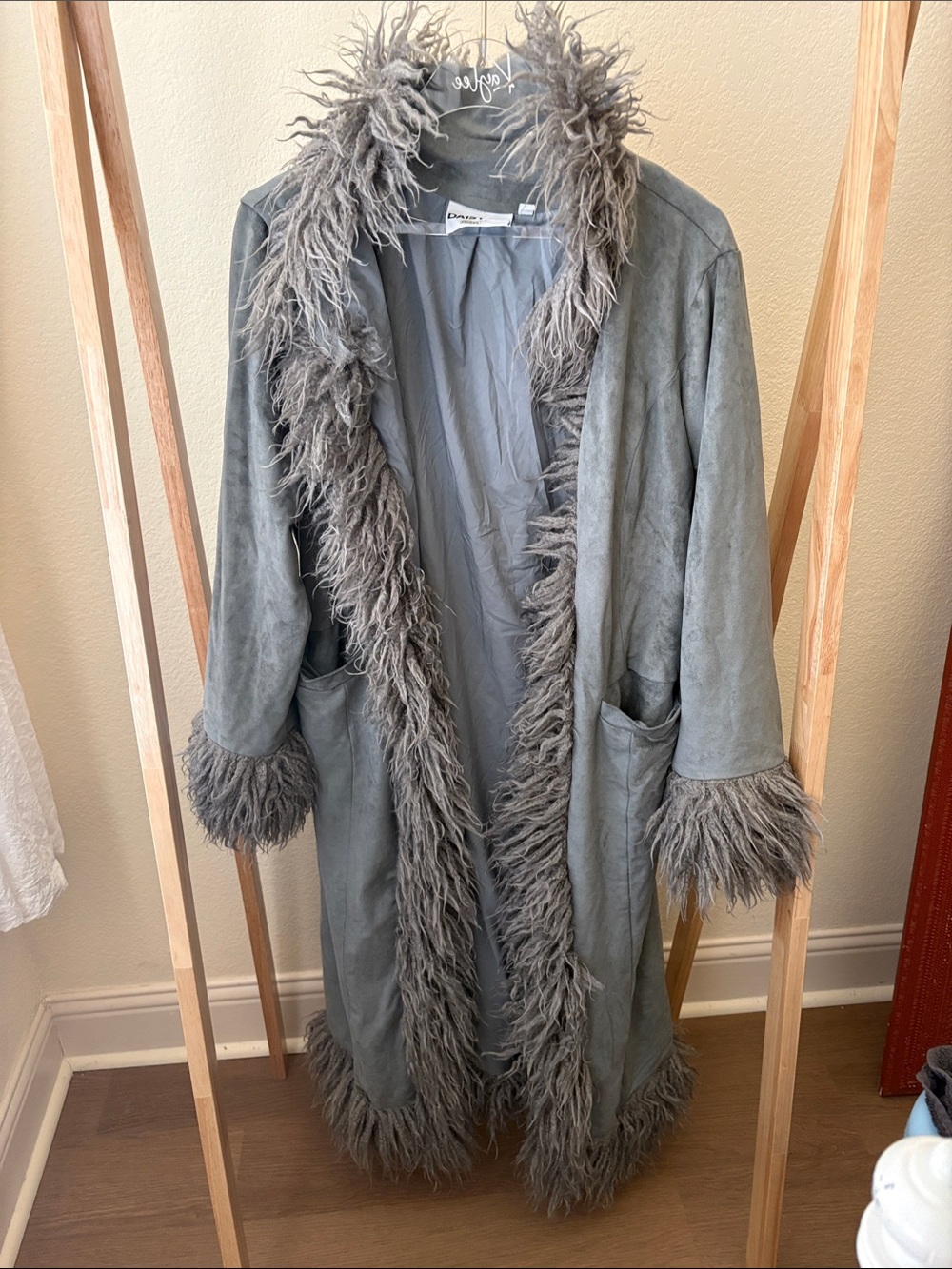 Grey Faux-Suede Teddy Coat with Fluffy Trim